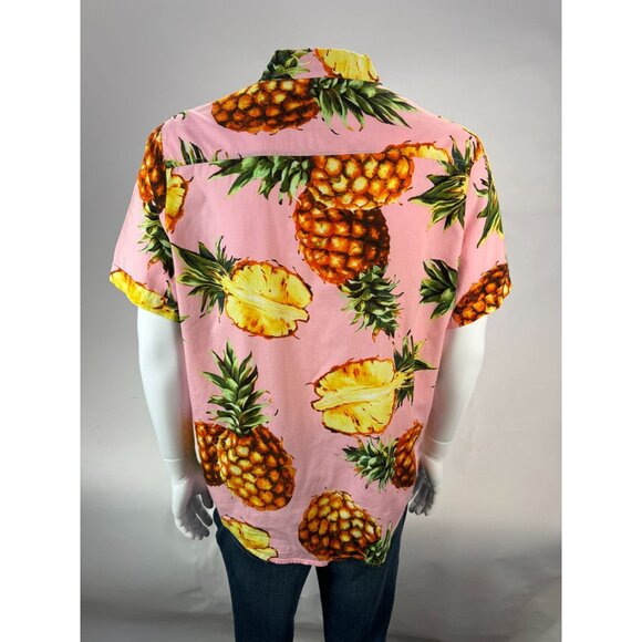 SSLR Mens Pineapple Print Short-Sleeve Button-Down Shirt L Cotton Tropical Hawai - Picture 4 of 16